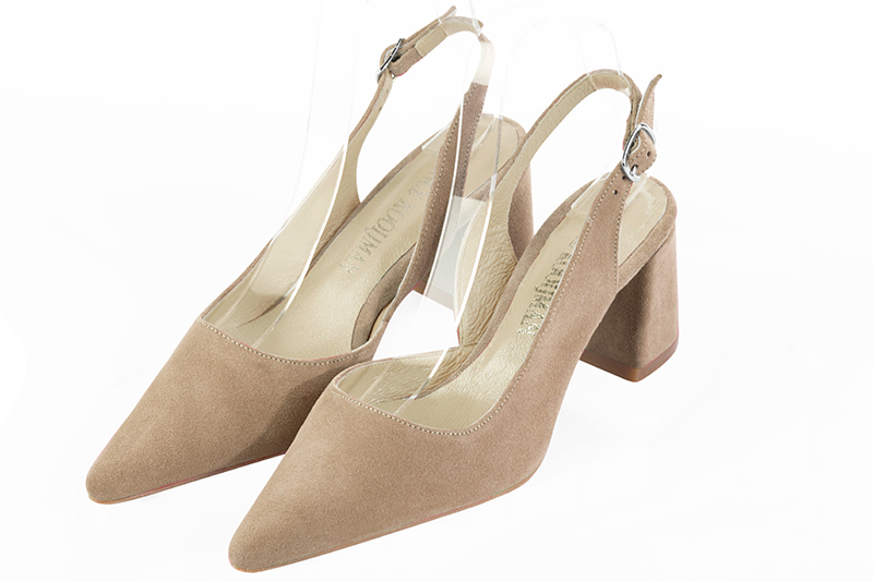Tan beige women's slingback shoes. Pointed toe. Medium flare heels. Front view - Florence KOOIJMAN